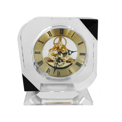 10. Clear & Black Crystal Clock, Gold Skeletan Dial