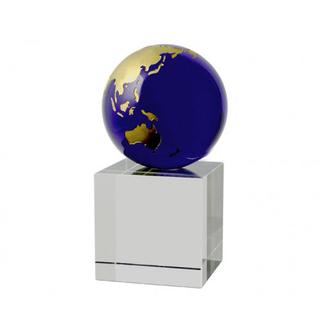 A121. Blue & Gold World Globe, Crystal Base