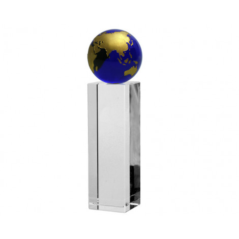 A122. Blue & Gold World Globe, Crystal Pillar
