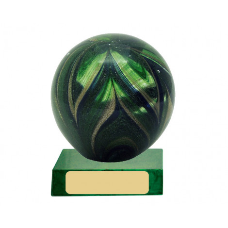 A189. Peacock Pattern Glass Ball on Green Wooden Base