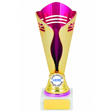 Trophy Cup, Plastic Pink/Gold on White Base