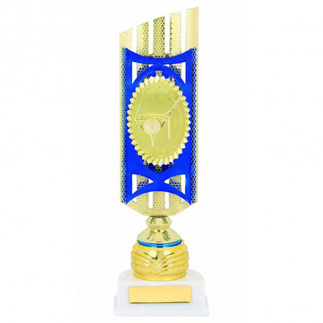 Golf Blue/Gold Holder Trophy on White Base