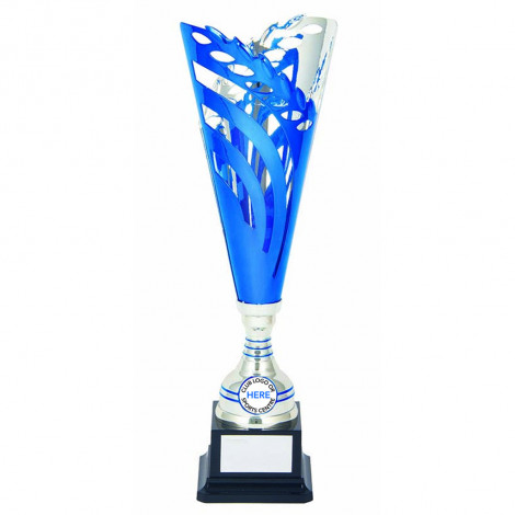 'Laser Scribe' Silver/Blue Metal Cup on Black Base
