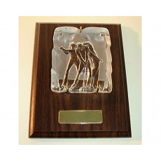 07. Small Nybro Crystal Frosted Golfer, Walnut Plaque