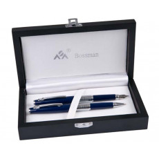04. Bossman Blue Ball Point Pen & Fountain Pen Set, Silver Check