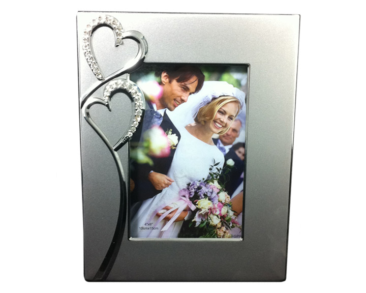 03. Silver Double Hearts with Diamonte Photo Frame, 6x4"