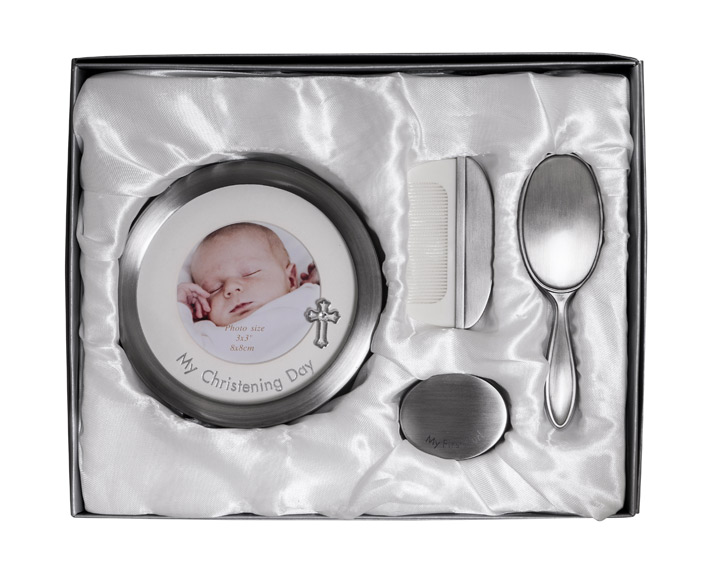 03. "Christening Day" Pewter Frame, Brush & Comb & First Curl